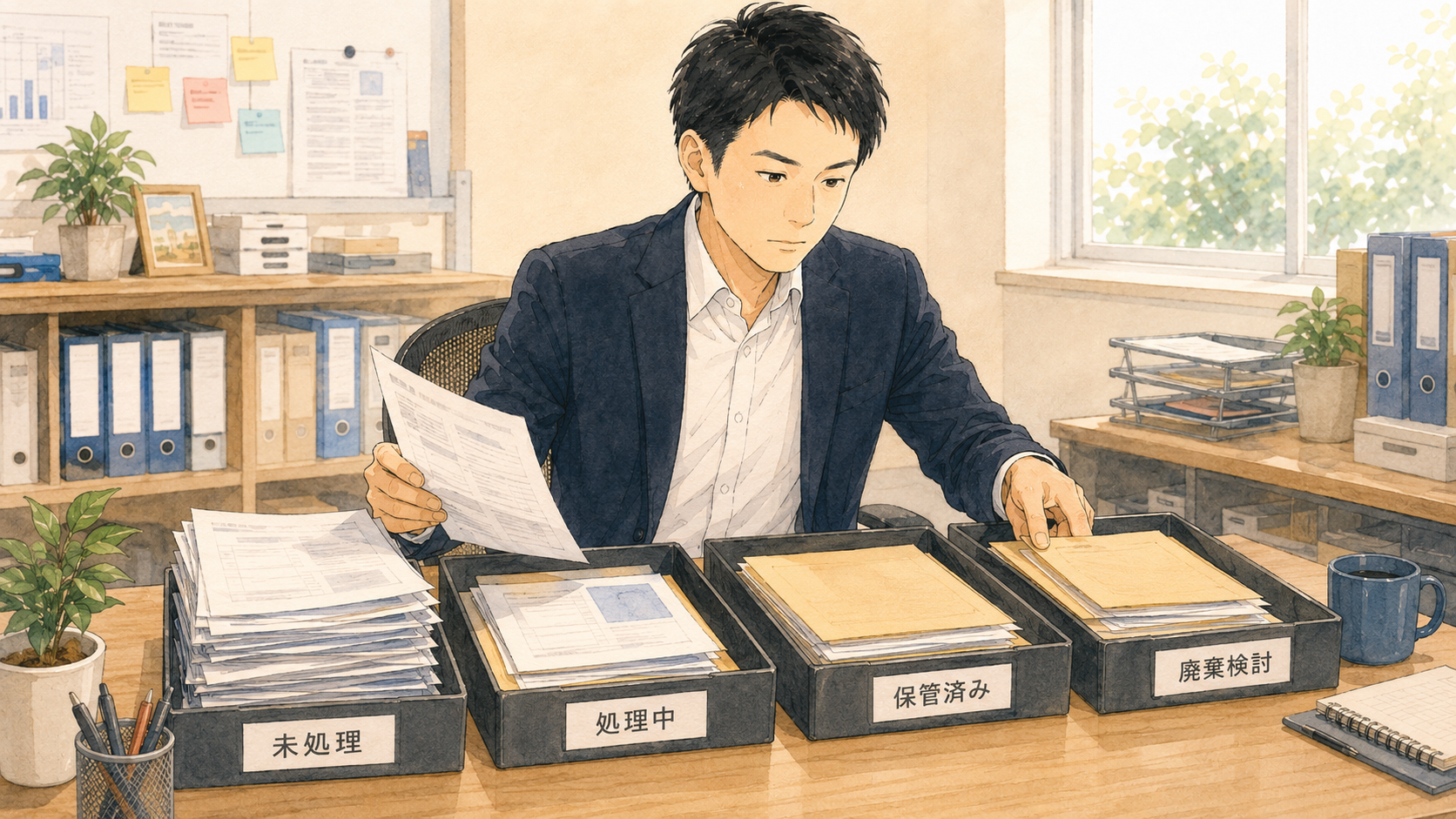書類の仕分けをしている男性