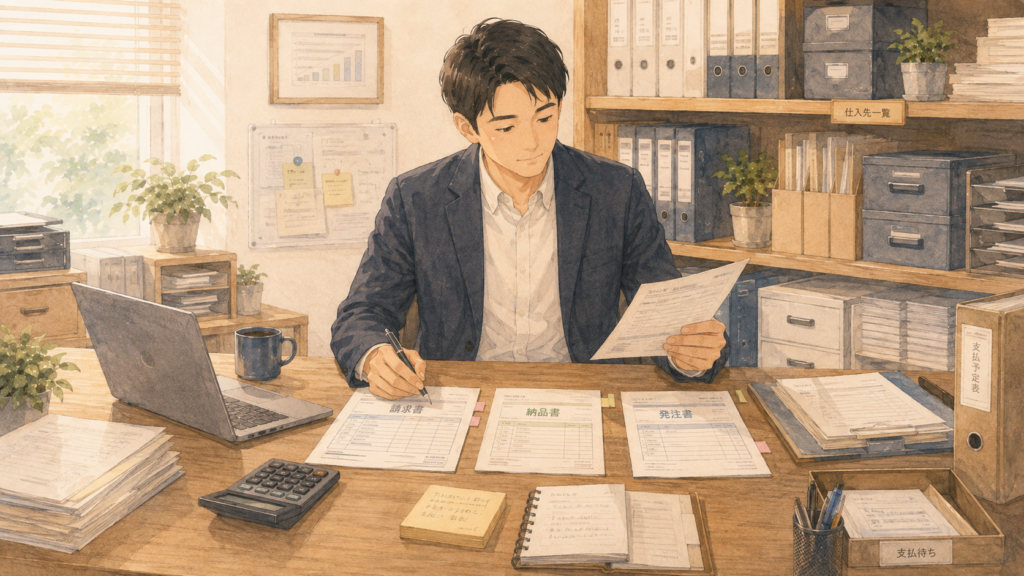 請求書と納品書を照らし合わせチェックしている男性
