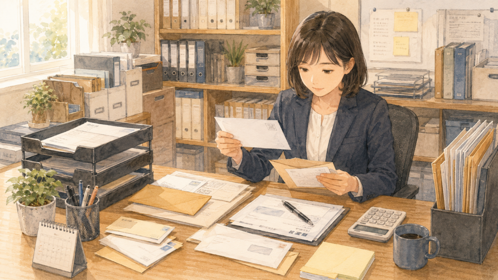 届いた郵便物を確認し、振り分けている女性事務員